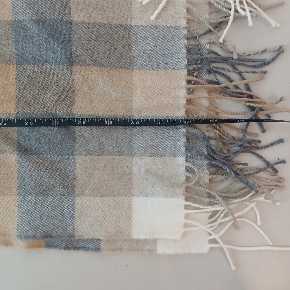 John Hanly Plaid Scarf Unisex OS Grey Tan 100% Merino Wool Made Ireland Fringe